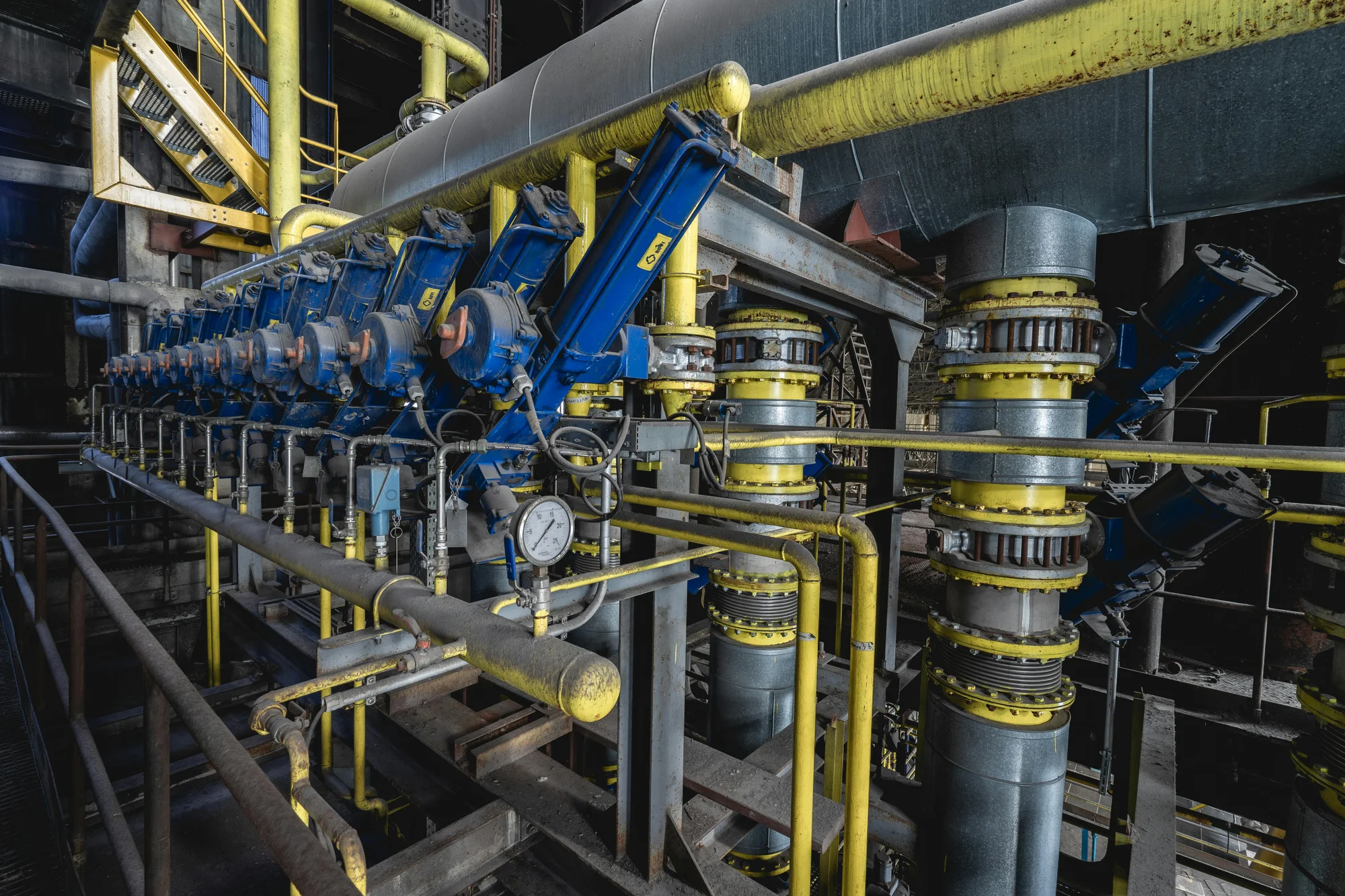 Industrial process machinery with actuators, pipework and gauges