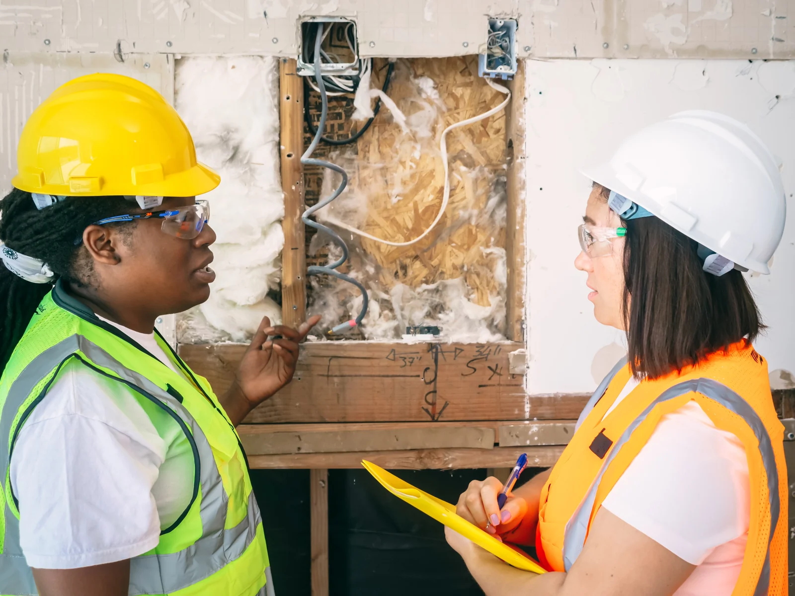 Two technicians discussing electrical maintenance work